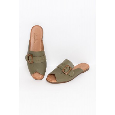 Francesca Khaki Leather Buckle Slide