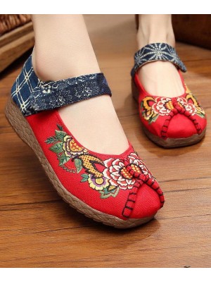 Red Cotton Embroideried Fabric Flat Shoes For Women Splicing Flats