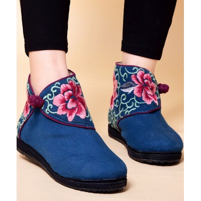 Boutique Buckle Strap Embroideried Comfy Ankle Boots Blue Cotton Fabric