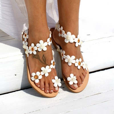 Women Bohemia Flower Decro Beading Toe Ring Casual Summer Beach Flat Sandals