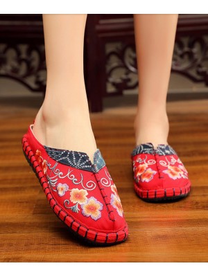 Vintage Red Slide Sandals Embroideried Cotton Fabric Splicing Slides