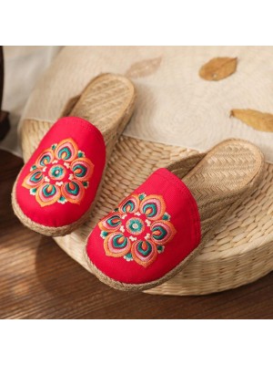 Red Embroideried Cotton Linen Fabric Slippers Shoes