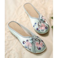 Women Green Embroideried Button Cotton Fabric Slide Sandals