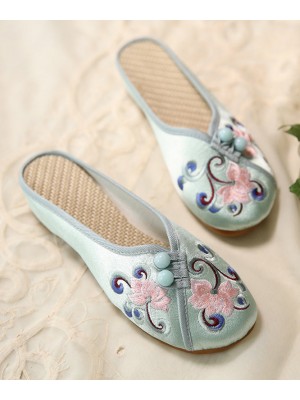 Women Green Embroideried Button Cotton Fabric Slide Sandals