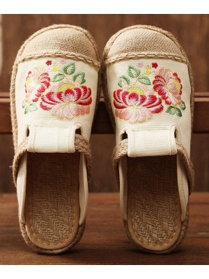 Simple Splicing Flat Shoes Beige Embroideried Cotton Linen Fabric